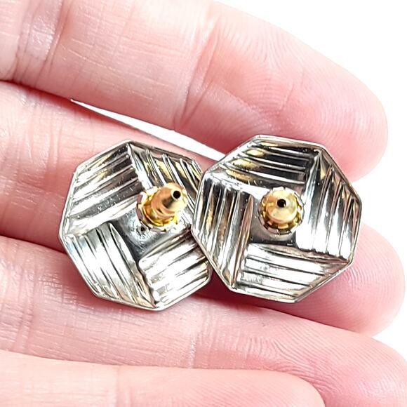 Vintage Hexagonal Textured Earrings, Silver & Gold Tone, Geometric Design - Picture 5 of 10